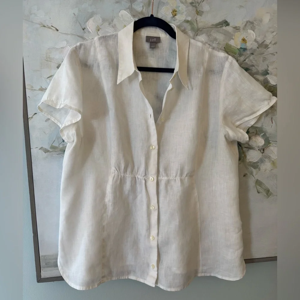 J.Jill 100% Linen Collared Button Down Cinched Short Sleeve White Top Size Large - Picture 1 of 11